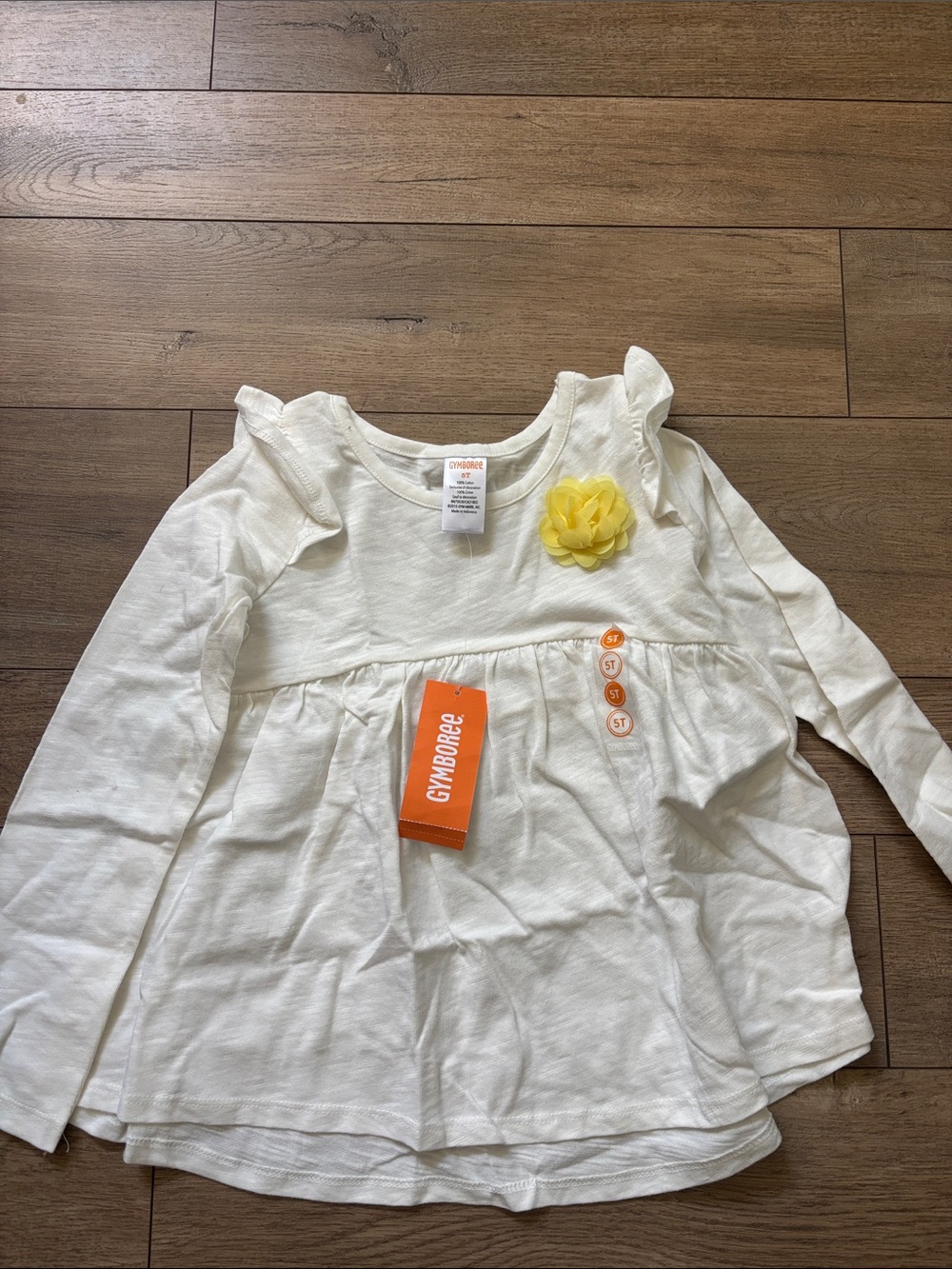 Gymboree Cream Long-Sleeve Ruffle Top with Yellow Flower Accent 5T NWT